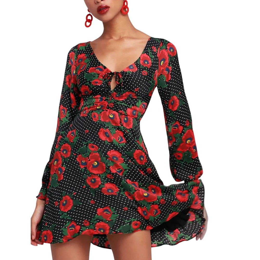 Free People Black Red Floral Polka Dot Long Sleeve Mini Dress Size 6